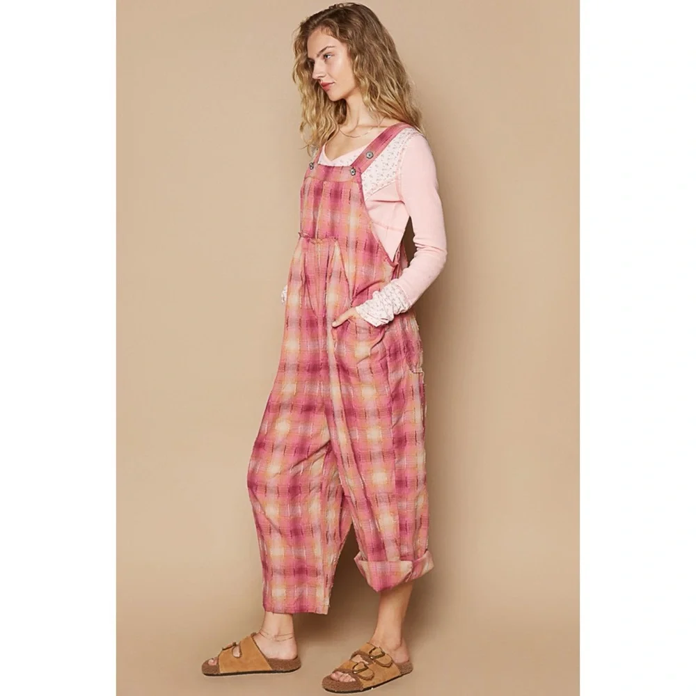 POL Red Pink Washed Cotton Plaid Overalls - Picture 5 of 7